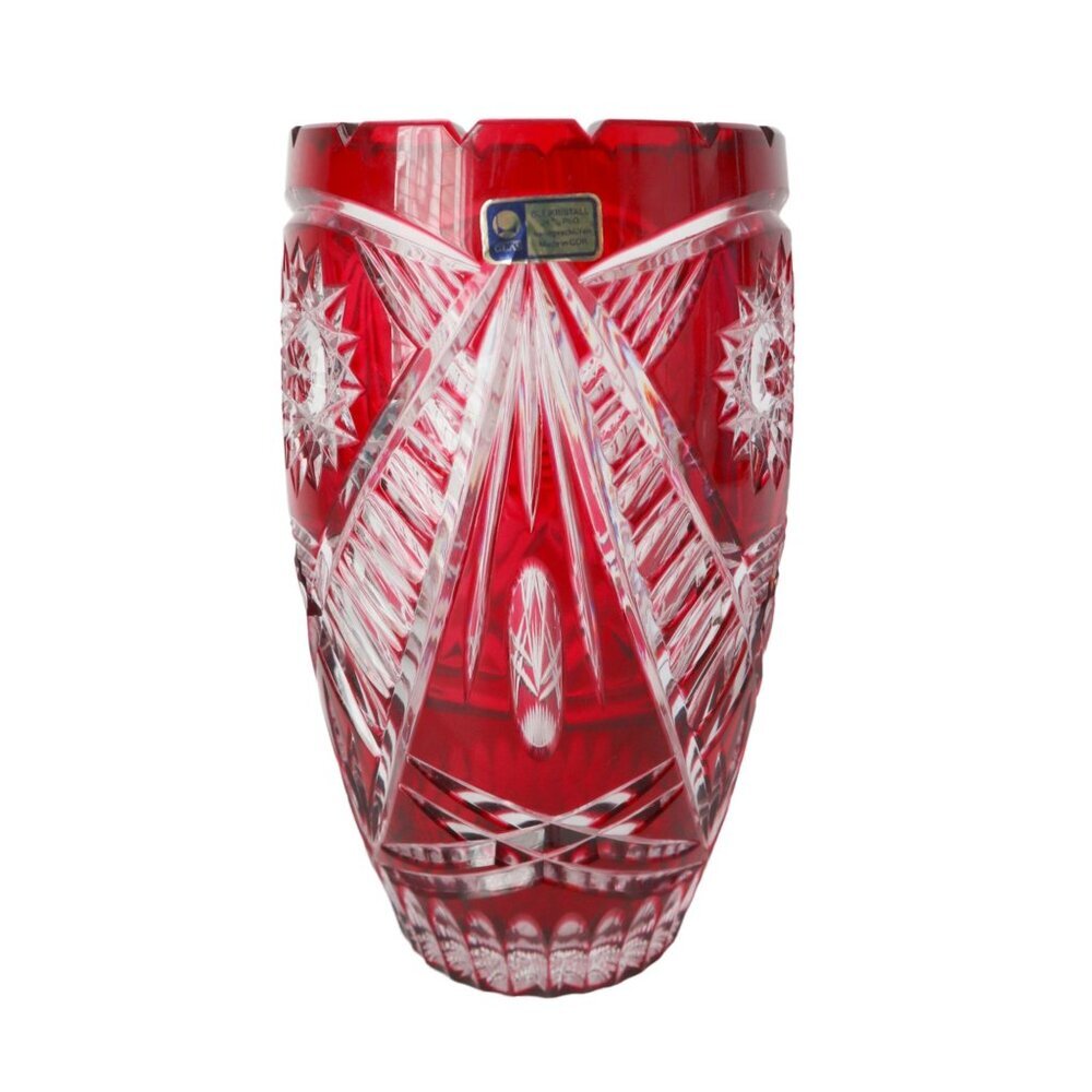 CRANBERRY Red Pink Large Vase Cut-to-Clear Lead Crystal Bleikristall Germany - Picture 6 of 7